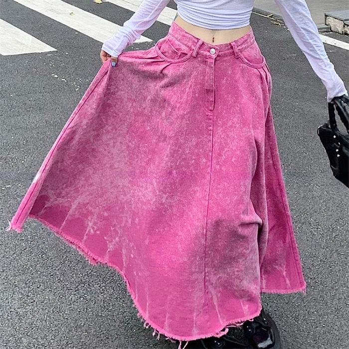VILZSTUDIOS Pink ripped denim maxi skirt for trendy streetwear style