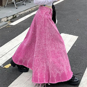 VILZSTUDIOS Pink ripped denim maxi skirt for trendy streetwear style
