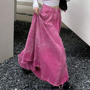 VILZSTUDIOS Pink ripped denim maxi skirt for trendy streetwear style