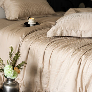 VILZSTUDIOS neutral satin jacquard duvet cover set with wide pillowcase borders and dark contrast piping
