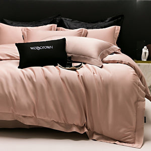 VILZSTUDIOS muted solid-color satin duvet cover set with piped borders and flanged pillowcases