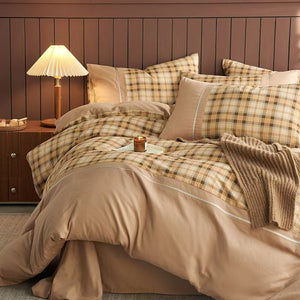 VILZSTUDIOS neutral and pastel plaid or striped duvet cover set with solid-color panels and contrast trim