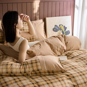 VILZSTUDIOS neutral and pastel plaid or striped duvet cover set with solid-color panels and contrast trim