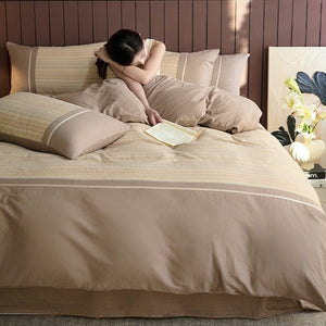 VILZSTUDIOS neutral and pastel plaid or striped duvet cover set with solid-color panels and contrast trim