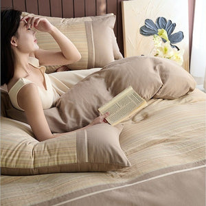VILZSTUDIOS neutral and pastel plaid or striped duvet cover set with solid-color panels and contrast trim
