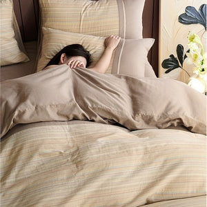 VILZSTUDIOS neutral and pastel plaid or striped duvet cover set with solid-color panels and contrast trim