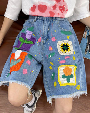 VILZSTUDIOS Vibrant crochet patch denim shorts