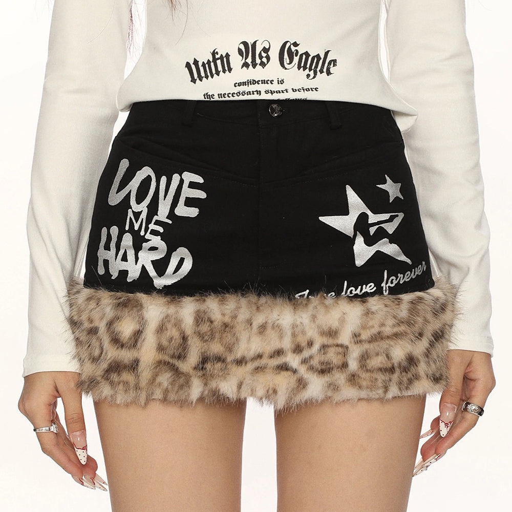 VILZSTUDIOS Fuzzy denim skirt with graphic prints and leopard trim