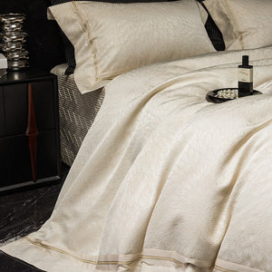 VILZSTUDIOS ivory cream plumage jacquard bedding set with broad borders and gold-tone piping