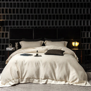 VILZSTUDIOS ivory cream plumage jacquard bedding set with broad borders and gold-tone piping