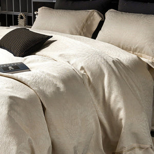 VILZSTUDIOS ivory cream plumage jacquard bedding set with broad borders and gold-tone piping