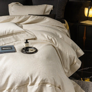 VILZSTUDIOS ivory cream plumage jacquard bedding set with broad borders and gold-tone piping
