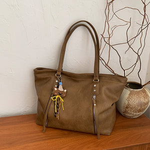 VILZSTUDIOS dark brown plush bear keychain faux leather tote bag