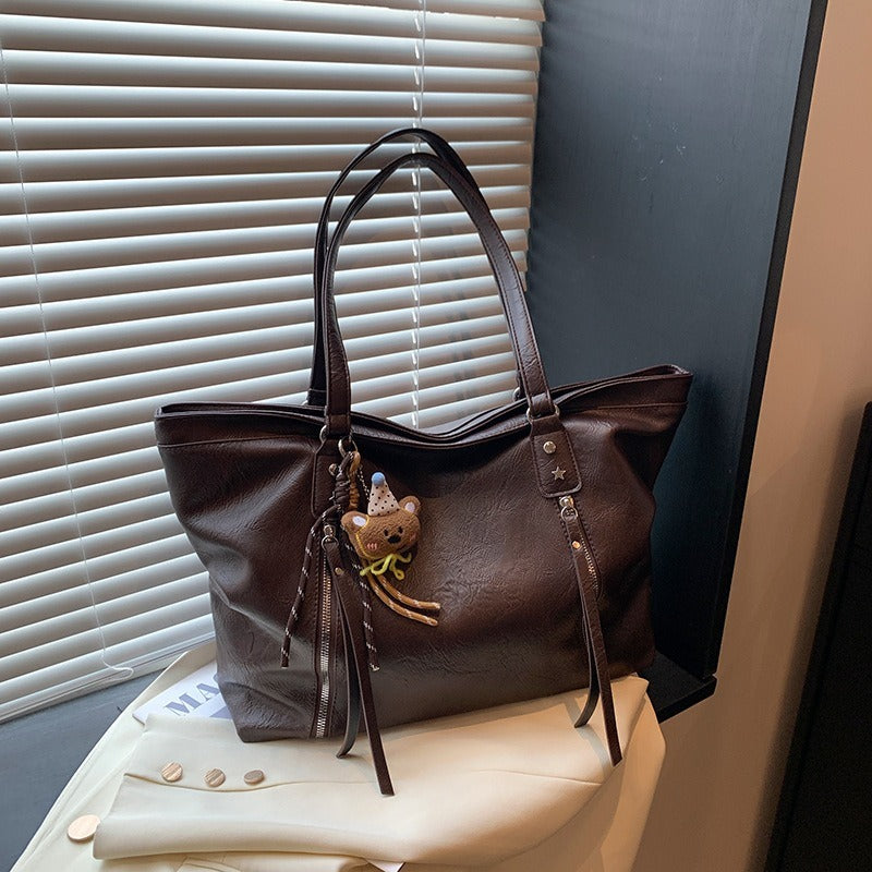 Plush Bear Keychain Faux Leather Tote Bag