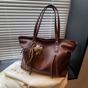VILZSTUDIOS dark brown plush bear keychain faux leather tote bag