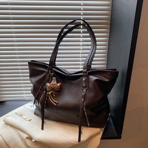 VILZSTUDIOS dark brown plush bear keychain faux leather tote bag