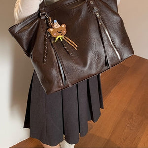 VILZSTUDIOS dark brown plush bear keychain faux leather tote bag