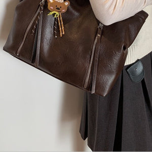VILZSTUDIOS dark brown plush bear keychain faux leather tote bag