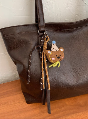 VILZSTUDIOS dark brown plush bear keychain faux leather tote bag