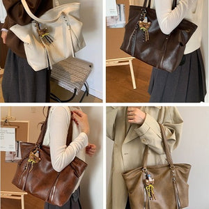 VILZSTUDIOS dark brown plush bear keychain faux leather tote bag