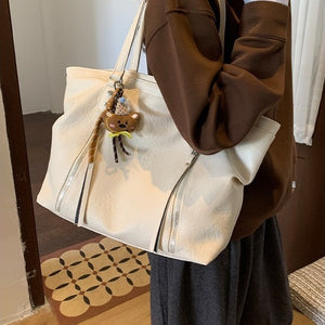 VILZSTUDIOS dark brown plush bear keychain faux leather tote bag