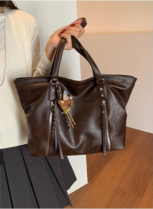 VILZSTUDIOS dark brown plush bear keychain faux leather tote bag