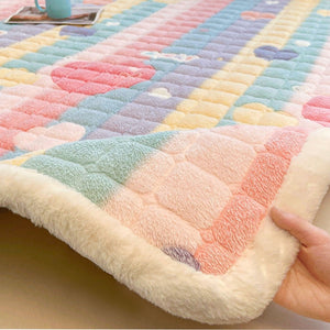 VILZSTUDIOS pastel rainbow and cartoon print fleece flat sheet with square quilting and fluffy white trim