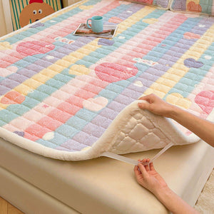 VILZSTUDIOS pastel rainbow and cartoon print fleece flat sheet with square quilting and fluffy white trim