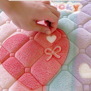 VILZSTUDIOS pastel rainbow and cartoon print fleece flat sheet with square quilting and fluffy white trim