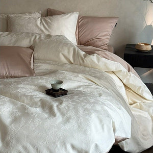 VILZSTUDIOS muted beige, ivory, blush, sage-grey and lilac jacquard bedding set with raised woven patterns
