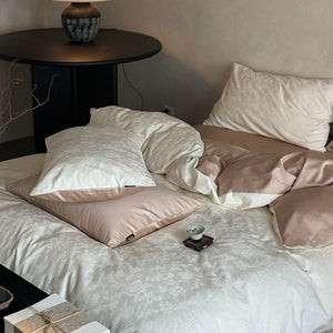 VILZSTUDIOS muted beige, ivory, blush, sage-grey and lilac jacquard bedding set with raised woven patterns