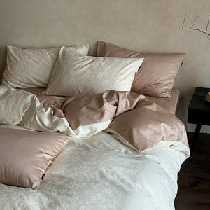 VILZSTUDIOS muted beige, ivory, blush, sage-grey and lilac jacquard bedding set with raised woven patterns
