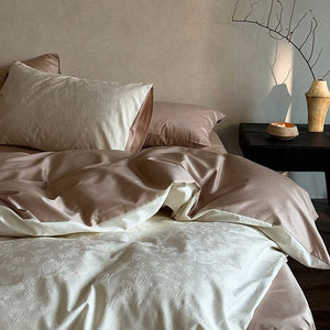 VILZSTUDIOS muted beige, ivory, blush, sage-grey and lilac jacquard bedding set with raised woven patterns