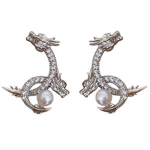 VILZSTUDIOS Regal dragon earrings with rhinestones and pearls