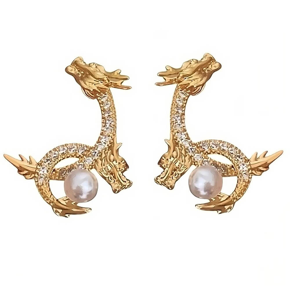 VILZSTUDIOS Regal dragon earrings with rhinestones and pearls