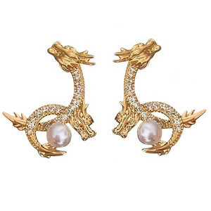 VILZSTUDIOS Regal dragon earrings with rhinestones and pearls