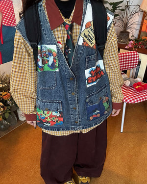 VILZSTUDIOS Denim vest with cartoon patches and oversized fit