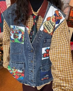 VILZSTUDIOS Denim vest with cartoon patches and oversized fit
