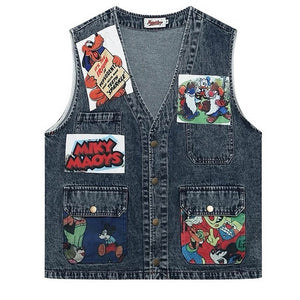 VILZSTUDIOS Denim vest with cartoon patches and oversized fit