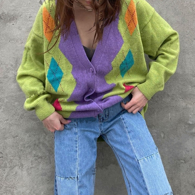 VILZSTUDIOS Colorful argyle knit cardigan from VILZSTUDIOS