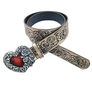 VILZSTUDIOS Fashionable statement belt with heart buckle and rose patterns