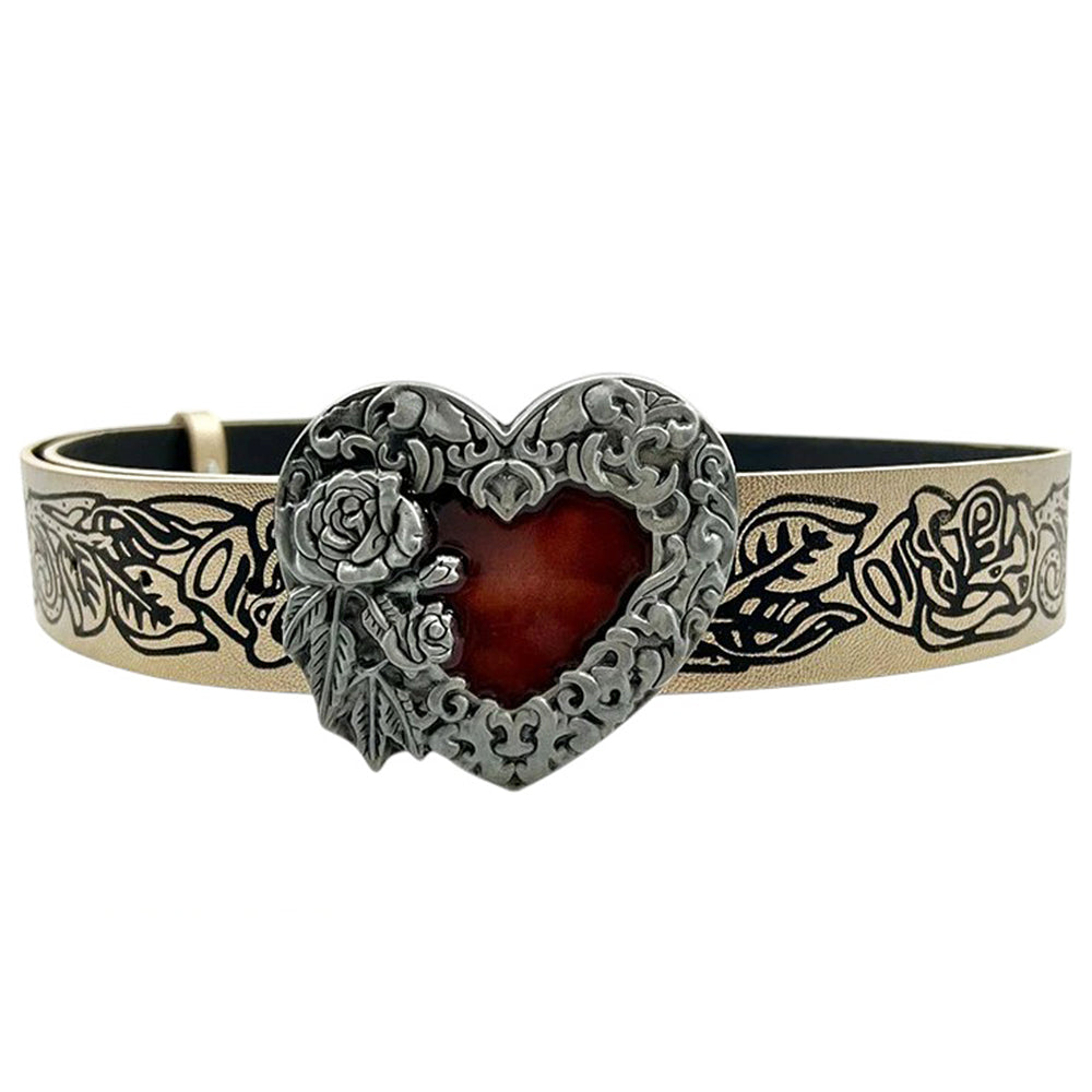 VILZSTUDIOS Fashionable statement belt with heart buckle and rose patterns