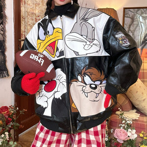 VILZSTUDIOS Oversized vegan leather jacket with cartoon patches