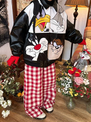 VILZSTUDIOS Oversized vegan leather jacket with cartoon patches