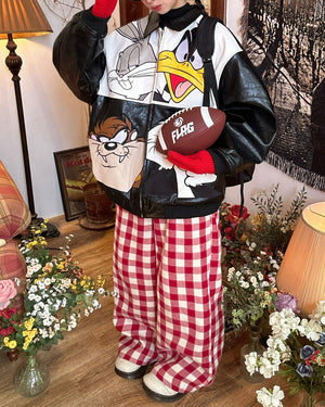 VILZSTUDIOS Oversized vegan leather jacket with cartoon patches