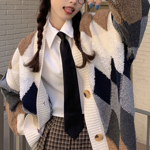 VILZSTUDIOS Stylish oversized cardigan with retro argyle pattern