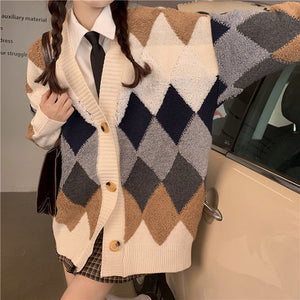 VILZSTUDIOS Stylish oversized cardigan with retro argyle pattern