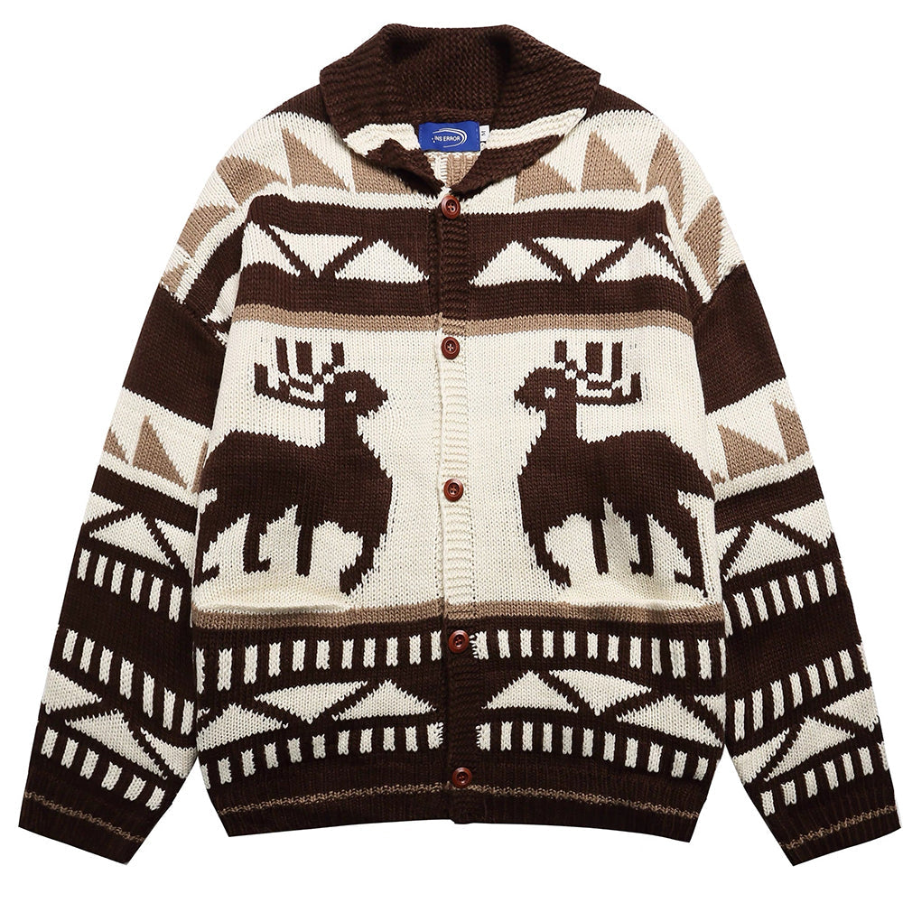 VILZSTUDIOS Retro knit hooded cardigan with reindeer pattern