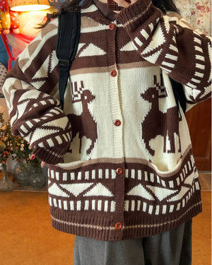 VILZSTUDIOS Retro knit hooded cardigan with reindeer pattern
