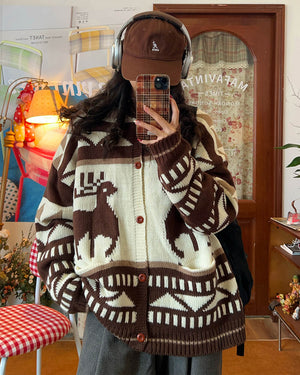 VILZSTUDIOS Retro knit hooded cardigan with reindeer pattern